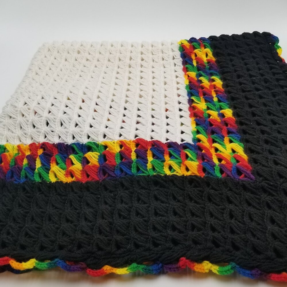 Rainbow and black hand knit baby blanket or throw 42"x42"